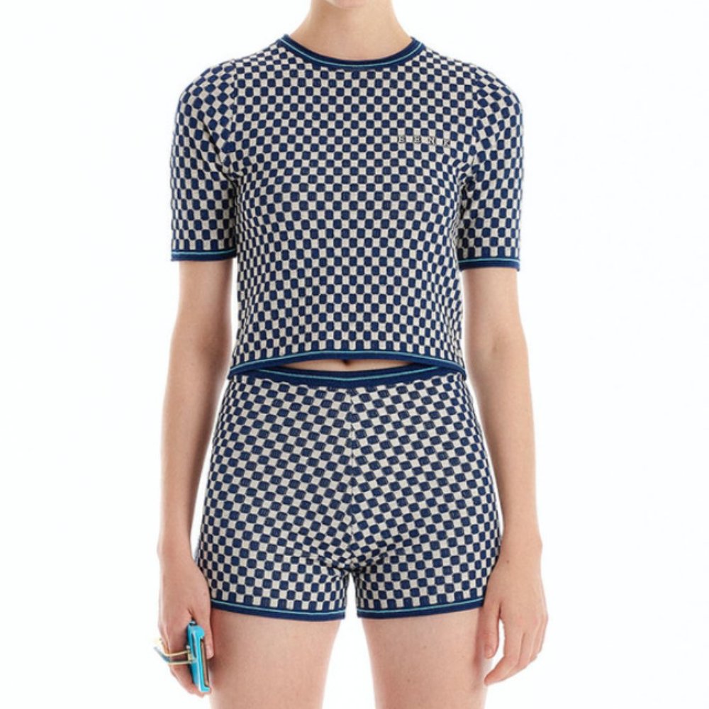NWT. EENK ULTRIX Gingham Knit Shorts - Ivory/Navy